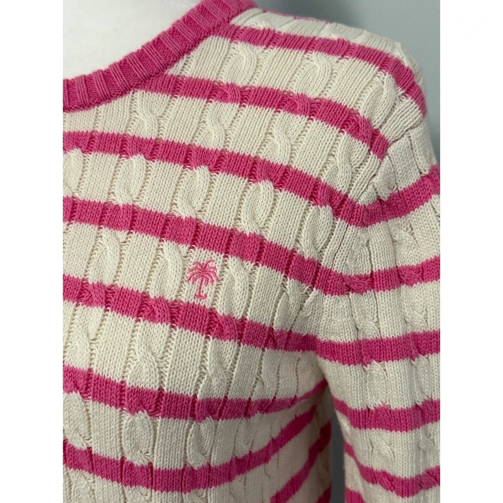 Lilly Pulitzer Women's Medium Striped‎ Cable Knit Pink Ivory Cotton Sweater - Picture 2 of 9